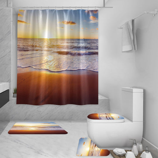 Shower curtain with a vibrant 3D digital print of a sunset over a beach, featuring crashing waves and distant boats. - Image 3