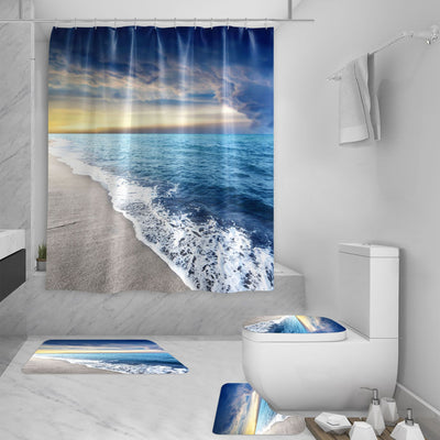 Shower curtain with a vibrant 3D digital print of a sunset over a beach, featuring crashing waves and distant boats. - Image 4