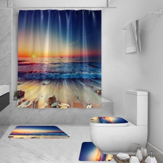 Shower curtain with a vibrant 3D digital print of a sunset over a beach, featuring crashing waves and distant boats. - Image 2
