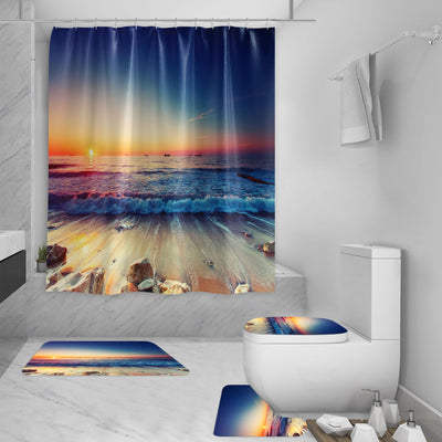 Shower curtain with a vibrant 3D digital print of a sunset over a beach, featuring crashing waves and distant boats. - Image 2