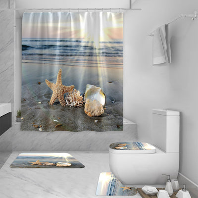 Shower curtain with a vibrant 3D digital print of a sunset over a beach, featuring crashing waves and distant boats. - Image 5