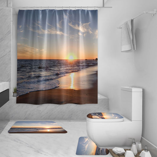 Shower curtain with a vibrant 3D digital print of a sunset over a beach, featuring crashing waves and distant boats. - Image 6