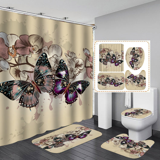 4-piece bathroom set with a shower curtain, bath mat, contour rug, and toilet lid cover, all featuring a blue butterfly and floral pattern. - Image 8