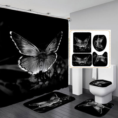 4-piece bathroom set with a shower curtain, bath mat, contour rug, and toilet lid cover, all featuring a blue butterfly and floral pattern. - Image 4