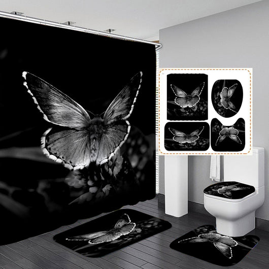 4-piece bathroom set with a shower curtain, bath mat, contour rug, and toilet lid cover, all featuring a blue butterfly and floral pattern. - Image 4