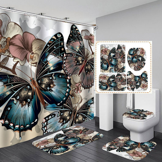 4-piece bathroom set with a shower curtain, bath mat, contour rug, and toilet lid cover, all featuring a blue butterfly and floral pattern.