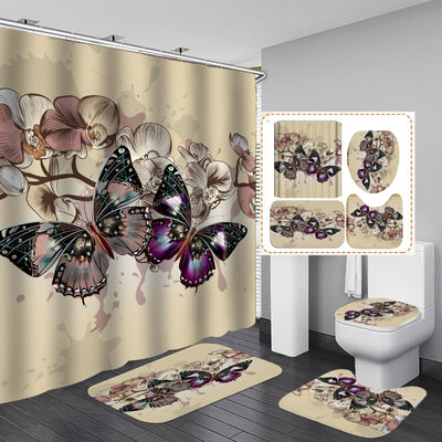4-piece bathroom set with a shower curtain, bath mat, contour rug, and toilet lid cover, all featuring a blue butterfly and floral pattern. - Image 3