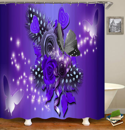 4-piece bathroom set with a shower curtain, bath mat, contour rug, and toilet lid cover, all featuring a blue butterfly and floral pattern. - Image 2