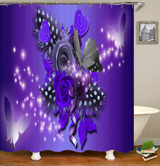 4-piece bathroom set with a shower curtain, bath mat, contour rug, and toilet lid cover, all featuring a blue butterfly and floral pattern. - Image 2