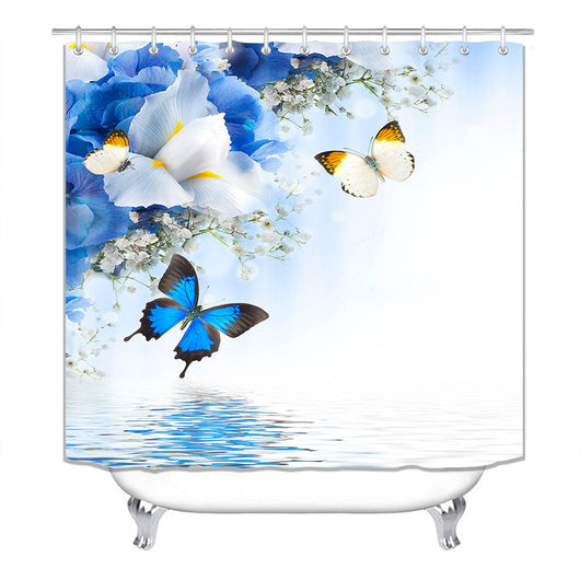 4-piece bathroom set with a shower curtain, bath mat, contour rug, and toilet lid cover, all featuring a blue butterfly and floral pattern. - Image 5