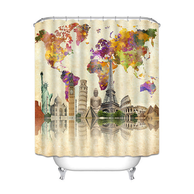 Gray and white damask shower curtain with a black Eiffel Tower graphic, made of waterproof polyester. - Image 10