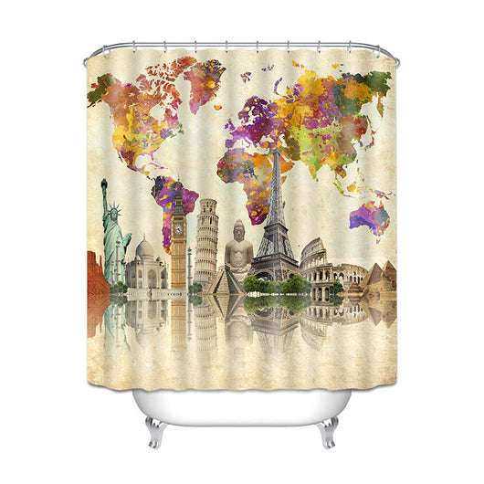 Gray and white damask shower curtain with a black Eiffel Tower graphic, made of waterproof polyester. - Image 10