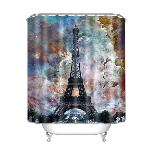 Gray and white damask shower curtain with a black Eiffel Tower graphic, made of waterproof polyester. - Image 8