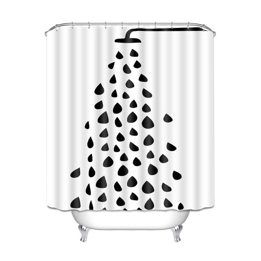 Gray and white damask shower curtain with a black Eiffel Tower graphic, made of waterproof polyester.