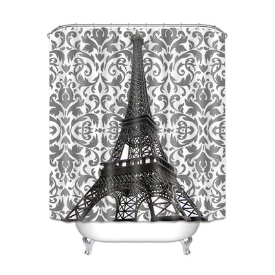 Gray and white damask shower curtain with a black Eiffel Tower graphic, made of waterproof polyester. - Image 2