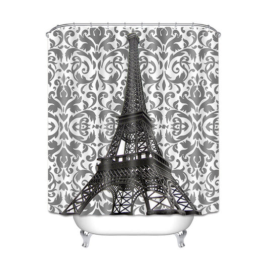 Gray and white damask shower curtain with a black Eiffel Tower graphic, made of waterproof polyester. - Image 2