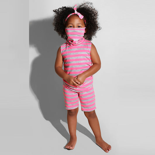 Toddler girl wearing a fluorescent green and gray striped sleeveless vest and shorts set with a matching headband. - Image 6