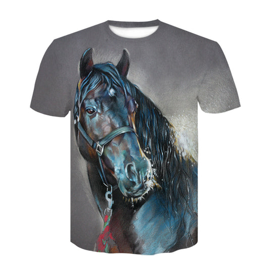 Playera Hombre Cuello Redondo Estampado Digital 3D Caballo - Manga Corta Tendencia Juvenil