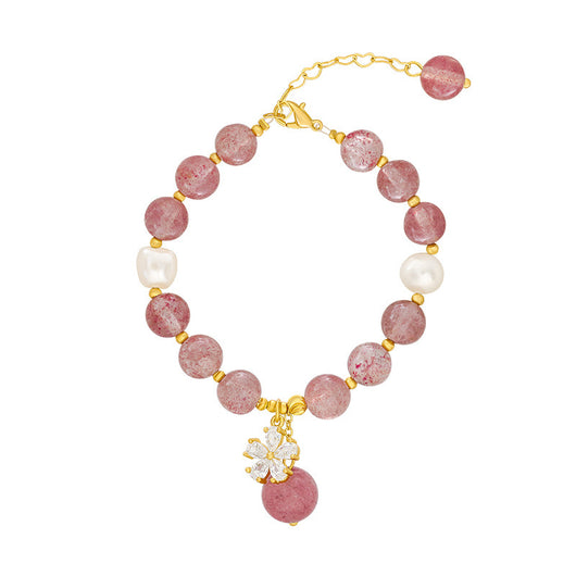 Pulsera de Cristal de Fresa Natural con Flor de Cerezo - Chapado en Oro 18K - Image 6