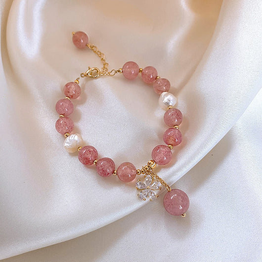 Pulsera de Cristal de Fresa Natural con Flor de Cerezo - Chapado en Oro 18K - Image 10