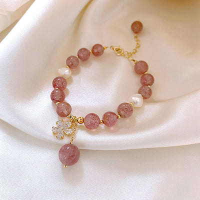 Pulsera de Cristal de Fresa Natural con Flor de Cerezo - Chapado en Oro 18K - Image 5