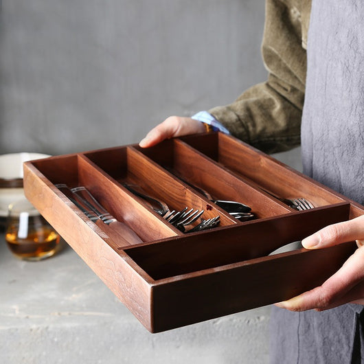 Caja de Almacenamiento para Cubiertos de Nogal Negro Estilo Occidental