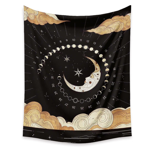 Black tapestry with a gold and beige artistic moon and sun with faces, surrounded by stars. - Image 11