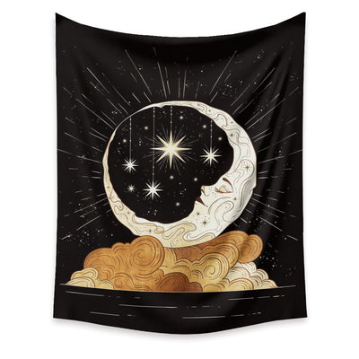 Black tapestry with a gold and beige artistic moon and sun with faces, surrounded by stars. - Image 7