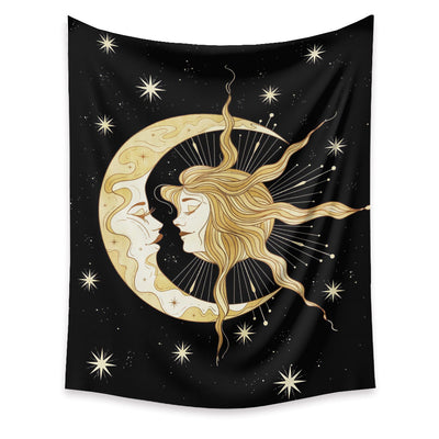 Black tapestry with a gold and beige artistic moon and sun with faces, surrounded by stars. - Image 12