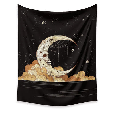 Black tapestry with a gold and beige artistic moon and sun with faces, surrounded by stars. - Image 9