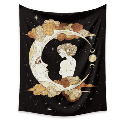 Black tapestry with a gold and beige artistic moon and sun with faces, surrounded by stars. - Image 8