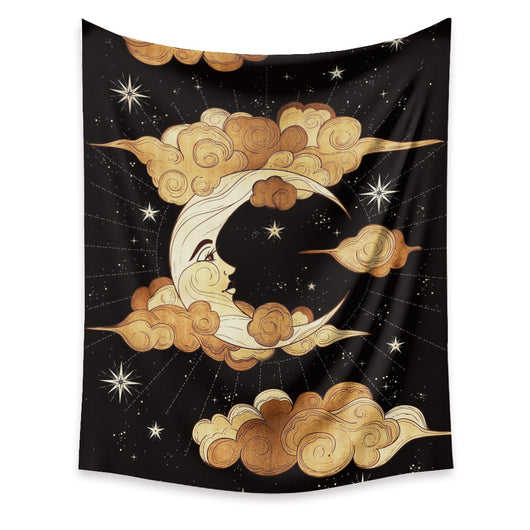 Black tapestry with a gold and beige artistic moon and sun with faces, surrounded by stars. - Image 10