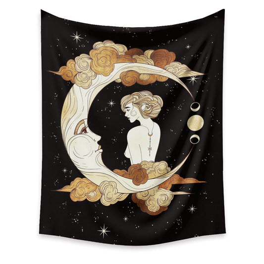 Black tapestry with a gold and beige artistic moon and sun with faces, surrounded by stars.