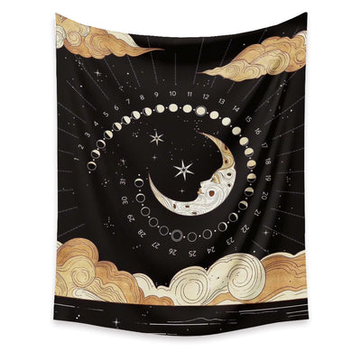Black tapestry with a gold and beige artistic moon and sun with faces, surrounded by stars. - Image 4