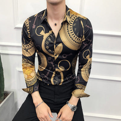 Camisa Retro Slim Fit Solapa Clásica Manga Larga para Hombre