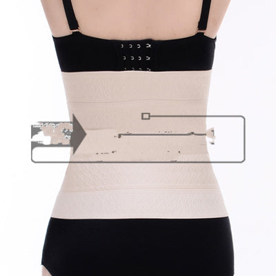 Woman modeling a beige waist trainer with hook-and-eye closures and a subtle floral pattern. - Image 10