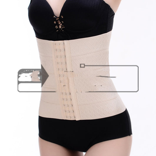Woman modeling a beige waist trainer with hook-and-eye closures and a subtle floral pattern. - Image 5