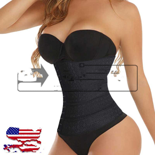 Woman modeling a beige waist trainer with hook-and-eye closures and a subtle floral pattern. - Image 2