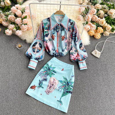 Conjunto Retro: Blusa con Cuello y Mangas Abullonadas + Falda Ajustada de Cintura Alta - Image 11