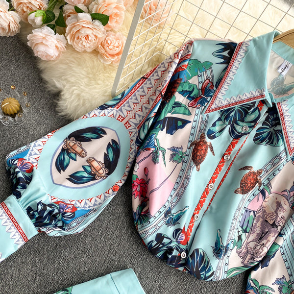 Conjunto Retro: Blusa con Cuello y Mangas Abullonadas + Falda Ajustada de Cintura Alta