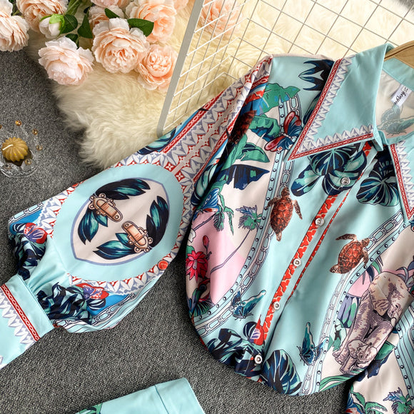 Conjunto Retro: Blusa con Cuello y Mangas Abullonadas + Falda Ajustada de Cintura Alta