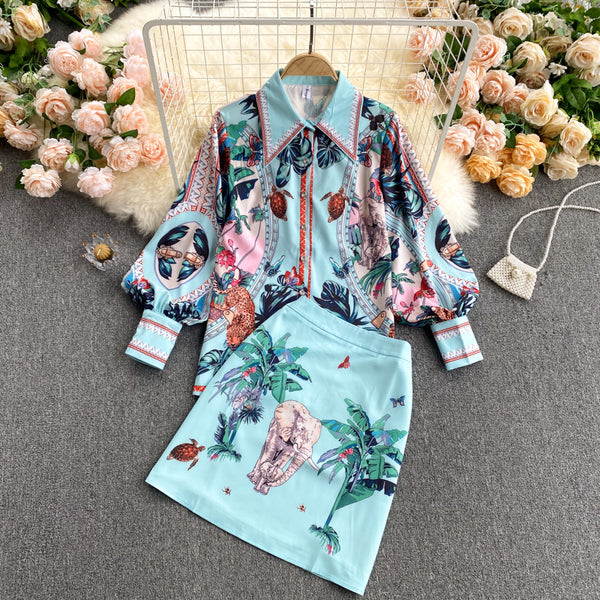 Conjunto Retro: Blusa con Cuello y Mangas Abullonadas + Falda Ajustada de Cintura Alta
