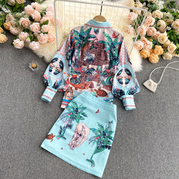 Conjunto Retro: Blusa con Cuello y Mangas Abullonadas + Falda Ajustada de Cintura Alta - Image 4