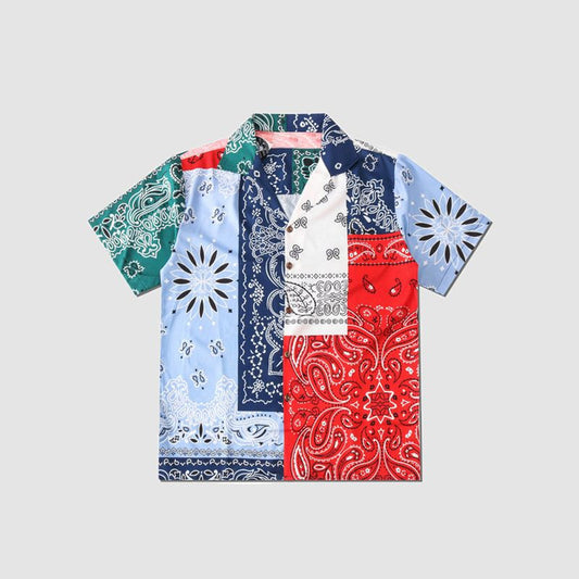 Camisa Manga Corta con Costuras de Color y Estampado Floral para Hombre