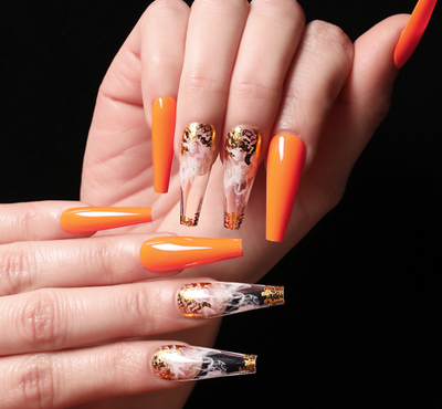 Uñas Postizas Artísticas Patrón Humo Rojo Anaranjado Estilo Ballet - Image 9