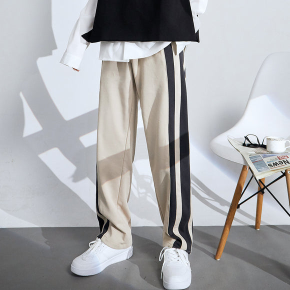 Pantalones Deportivos Hombre Rayas Cintura Elástica Pierna Recta Algodón