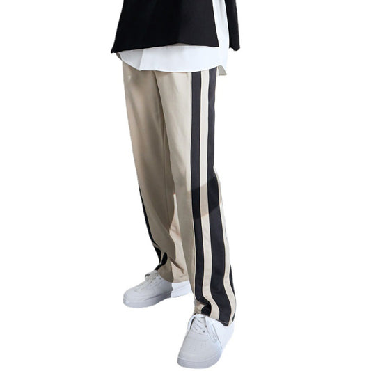 Pantalones Deportivos Hombre Rayas Cintura Elástica Pierna Recta Algodón