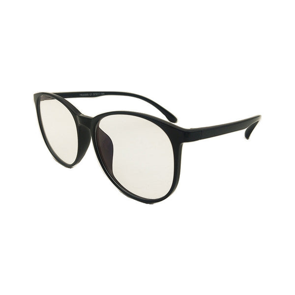 Transparent pink round-face anti-blue light glasses with clear lenses, held against a white glasses case.