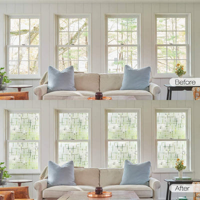 Frosted glue-free window film with a modern geometric pattern of intersecting lines, providing privacy and diffusing light. - Image 4