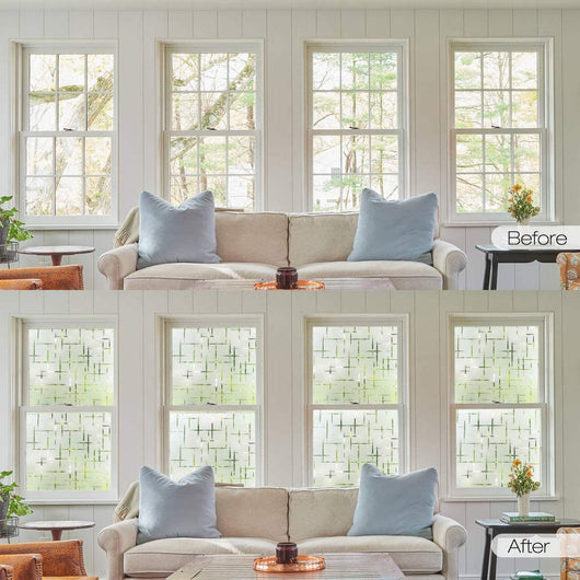 Frosted glue-free window film with a modern geometric pattern of intersecting lines, providing privacy and diffusing light. - Image 4
